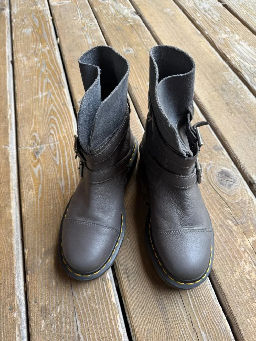Dr. Martens Gray Leather Kristy Buckle Fold Down Combat Boots in Women's 8/EU 39